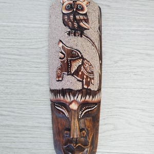 Hand-Carved Wooden Tribal Mask, Ethnic-inspired wooden mask with natural sand texture and intricate details, Tribal Wall Art, Wooden Mask