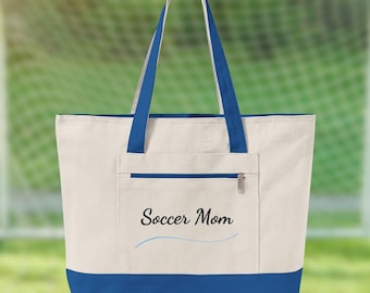 Personalized Soccer Mom Tote, Custom Game Day Bag, Heavy Canvas Zipper Bag, Blue Script