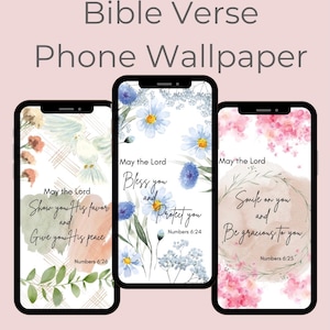 May include: Three phone wallpapers with floral designs and bible verses. The first wallpaper features a white dove and the verse "May the Lord show you His favor and give you His peace." The second wallpaper features blue flowers and the verse "May the Lord bless you and protect you." The third wallpaper features pink flowers and the verse "May the Lord smile on you and be gracious to you."