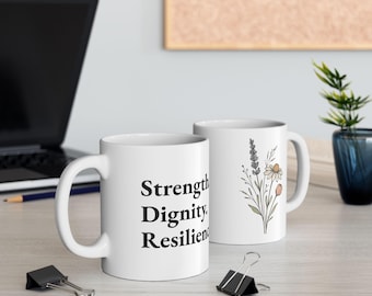 Proverbs 31:25 Mug | Christian Coffee Cup with Wildflower Design
