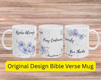 Taza con versículo bíblico de 1 Tesalonicenses 5:16-18, taza de café cristiana con estampado floral morado.