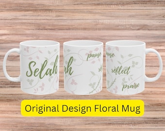 Selah Art Inspirational Ceramic Mug | Christian Coffee Cup, Scripture Gift, Soft Pink Floral Vine Design, Encouragement Gift, Psalm Gift