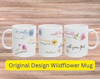 Taza con versículo bíblico de Miqueas 6:8, regalo cristiano floral, taza de café de cerámica con diseño de flores silvestres.