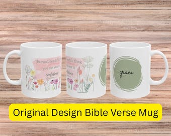 Floral Bible Verse Ceramic Mug, Motivational Coffee Cup, Gift for Her, Scripture Mug, Wildflower Mug, Hebrews 4:16 Mug, Aesthetic Pink Gift