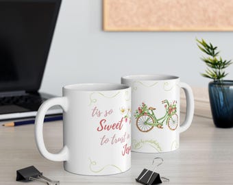 Tis so Sweet to Trust in Jesus Mug: Floral Strawberry Print Christian Coffee Cup
