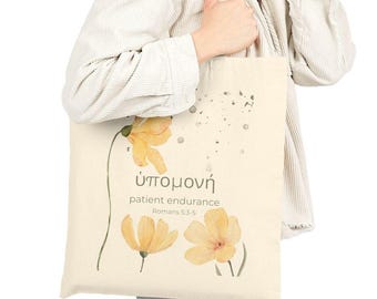 Patient Endurance Romans 5:3-5 Bible Verse Tote Bag | Yellow Wildflower Christian Bible Study Canvas Bag