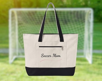 Personalized Soccer Mom Tote, Custom Game Day Bag, Heavy Canvas Zipper Bag, Pink Script