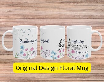Christian Coffee Mug, Awake My Soul, Floral Watercolor Design