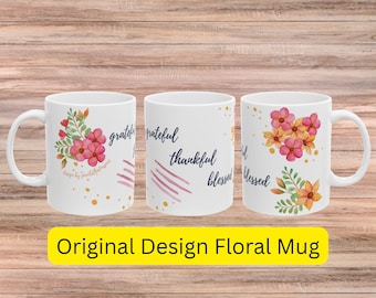 Grateful Thankful Blessed Mug, Fall Orange Flower Christian Gift, Pink Watercolor Coffee Cup