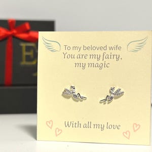 Personalized Gift for Wife, Custom Message Card with Sterling Silver Fairy Earrings, Romantic Jewelry, Anniversary Birthday Present