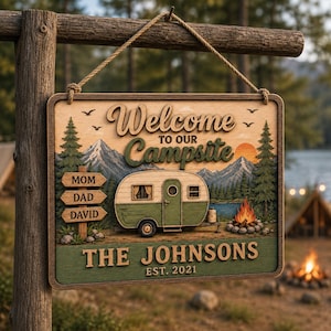 Letrero personalizado para camping, placa personalizada con el nombre de la familia para caravana, decoración para autocaravana "Bienvenido a nuestro camping", regalo de viaje familiar