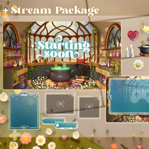 May include: A green and purple streaming overlay with a whimsical potion-making theme. The overlay features a cauldron with bubbling green liquid, a black cat, and a window with a view of a cloudy sky. The text "Starting soon" is displayed in a retro font. The overlay also includes a chat box, a camera frame, and a "Rolling Magic" logo.