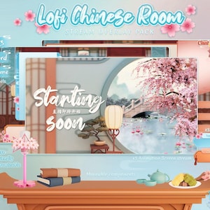 Chinese Stream Overlay, Vtuber Twitch Overlay, Animated Sakura, Lotus Pond, Chinese Aesthetic, Lo-fi Stream overlay, Vtuber Asset