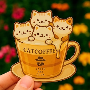 Adesivo in vinile con motivo a gatto e caffè, stile kawaii, per diari, agende e regali