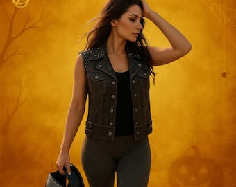 May include: A woman wearing a dark gray studded vest, black top, and dark green leggings, holding a black motorcycle helmet. The background is a Halloween-themed orange with a spider web, spider, and pumpkin silhouette.