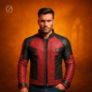 Deadpool Genuine Leather Biker Jacket: Red & Black Cosplay Costume