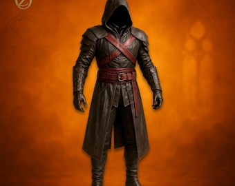 Men’s Black Leather Assassin Hooded Trench Coat | Gothic Steampunk Cosplay Outfit | Medieval Fantasy Warrior Jacket | Handmade LARP Costume