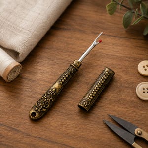 May include: A seam ripper with an antique brass-toned metal handle featuring an embossed floral and leaf pattern. The tool has a sharp steel blade with a small red safety ball at the tip and includes a matching removable protective metal cap.