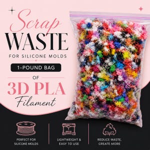May include: A clear plastic bag containing one pound of multi-colored 3D PLA filament scrap waste. The text on the packaging reads: Scrap WASTE FOR SILICONE MOLDS, 1-POUND BAG OF 3D PLA Filament, PERFECT FOR SILICONE MOLDS, LIGHTWEIGHT & EASY TO USE.