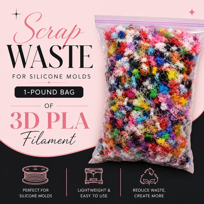 May include: A clear plastic bag containing one pound of multi-colored 3D PLA filament scrap waste. The text on the packaging reads: Scrap WASTE FOR SILICONE MOLDS, 1-POUND BAG OF 3D PLA Filament, PERFECT FOR SILICONE MOLDS, LIGHTWEIGHT & EASY TO USE.