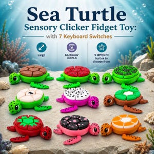 May include: A collection of nine sea turtle sensory clicker fidget toys, each featuring seven keyboard switches on its shell. The turtles are rendered in various colors including green, red, pink, black, and orange, with distinct patterns.