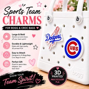 May include: A white rubber tote bag with circular ventilation holes, featuring two sports team charms attached to the front. One charm displays the blue Dodgers logo with a baseball, and the other is a circular red, white, and blue Cubs logo.