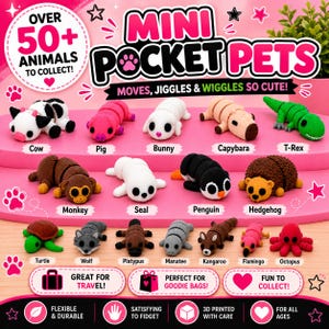 May include: A collection of Mini Pocket Pets articulated animal figures including a cow, pig, bunny, capybara, T-Rex, monkey, seal, penguin, hedgehog, turtle, wolf, platypus, manatee, kangaroo, flamingo, and octopus, displayed on a pink tiered stand.