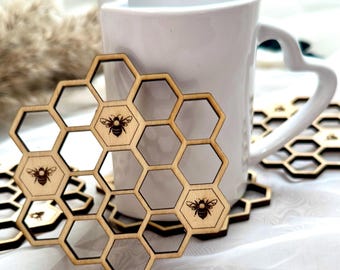 Wooden Cup Coaster Honeycomb Set Gift Decoration Bee