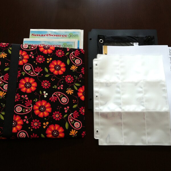 1.5" COUPON BINDER - Black Red Fabric Covered 3 Ring Coupon Organizer Binder. Includes a pencil pouch, sheet protectors, 16 dividers, etc...