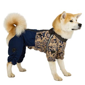 Puede incluir: Un perro con un mono para perros azul marino y beige con estampado floral. El mono tiene cierre de cremallera y una franja reflectante en la espalda. El perro es de raza Akita.