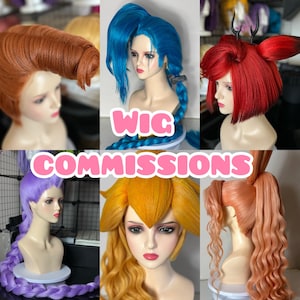 May include: A collage of six wigs in various styles and colors, including brown, blue, red, purple, yellow, and peach. The text "WIG COMMISSIONS" is overlaid on the image. Each wig is displayed on a mannequin head.