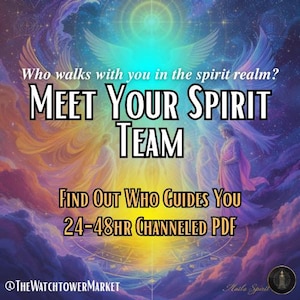 Puede incluir: Ilustración digital con temática espiritual. La imagen presenta el texto "MEET YOUR SPIRIT TEAM" y "FIND OUT WHO GUIDES YOU 24-48HR CHANNELED PDF". El fondo es una mezcla de azules, morados y amarillos, con figuras angelicales.