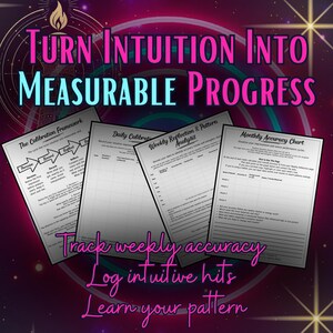 May include: Image of four worksheets with text: "Turn Intuition Into Measurable Progress." The worksheets include sections for daily and weekly tracking, and a monthly accuracy chart. The image also includes the text: "Track weekly accuracy, Log intuitive hits, Learn your pattern."