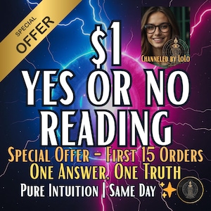 以下が含まれることがあります： 「はいかいいえのリーディング」サービスのプロモーション画像。画像には「$1」と「YES OR NO READING」の文字が大きく白抜きで、青と紫の背景に稲妻が描かれています。「SPECIAL OFFER」の文字と女性の写真も含まれています。
