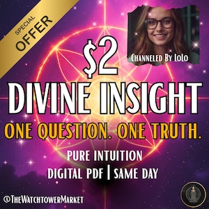 Può includere: Grafica promozionale con sfondo viola e oro. Il testo "DIVINE INSIGHT" e "ONE QUESTION. ONE TRUTH." sono visualizzati. Una foto di una donna è nell'angolo in alto a destra. È incluso anche il testo "DIGITAL PDF | SAME DAY".