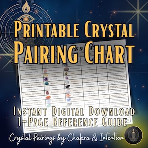May include: A printable crystal pairing chart with a dark blue background. The chart includes a list of crystals and their corresponding chakras and intentions. Text on the chart reads "Instant Digital Download 1-Page Reference Guide."