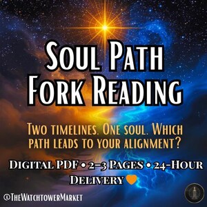 May include: A digital graphic with a cosmic background, featuring the text "SOUL PATH FORK READING." The image includes the phrases "TWO TIMELINES. ONE SOUL. WHICH PATH LEADS TO YOUR ALIGNMENT?" and "DIGITAL PDF • 2-3 PAGES • 24-HOUR DELIVERY."