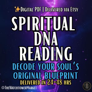 May include: A digital PDF product advertisement with a dark blue and purple background. The text reads "SPIRITUAL DNA READING" in large white letters, with additional text below stating "DECODE YOUR SOUL'S ORIGINAL BLUEPRINT". The product is delivered via Etsy.