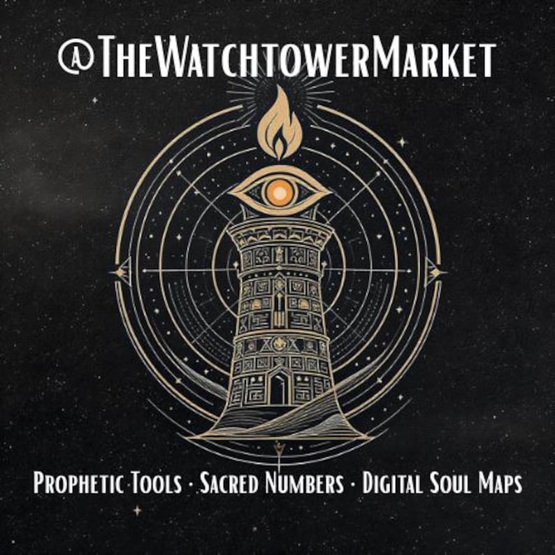 May include: A digital illustration featuring a stylized tower with an eye and flame at the top, set against a starry background. The text "@TheWatchtowerMarket" is at the top, with "Prophetic Tools &bull; Sacred Numbers &bull; Digital Soul Maps" at the bottom.
