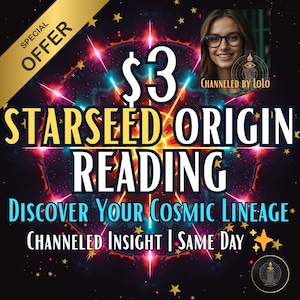 Puede incluir: Gráfico promocional para una lectura de origen Starseed. La imagen presenta el retrato de una mujer, el texto "$3 STARSEED ORIGIN READING" y el lema "DESCUBRE TU LINAJE CÓSMICO". El texto adicional incluye "CHANNELED INSIGHT | SAME DAY" y "SPECIAL OFFER".