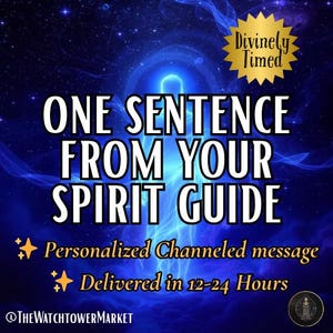 Pode incluir: Gráfico digital com um fundo celestial azul e roxo. O texto diz "ONE SENTENCE FROM YOUR SPIRIT GUIDE". O texto adicional diz "Mensagem canalizada personalizada" e "Entregue em 12-24 horas."