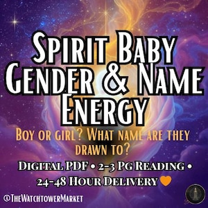 Op de afbeelding: Digitale PDF-lezing met de tekst "Spirit Baby Gender & Name Energy". De afbeelding toont een hemelse achtergrond met de tekst "Jongen of meisje? Welke naam voelen ze zich toegetrokken?"