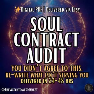 Può includere: Grafica PDF digitale con le parole "SOUL CONTRACT AUDIT" in grandi lettere bianche. Il testo aggiuntivo include "YOU DIDN'T AGREE TO THIS. RE-WRITE WHAT ISN'T SERVING YOU DELIVERED IN 24-48 HRS". Lo sfondo è blu scuro con accenti dorati.