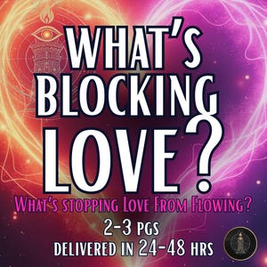 Op de afbeelding: Een digitale afbeelding met een levendige rode en paarse hartvormige achtergrond met de tekst WHAT'S BLOCKING LOVE? WHAT'S STOPPING LOVE FROM FLOWING? 2-3 PGS DELIVERED IN 24-48 HRS. Een gestileerd torenpictogram met een oog is zichtbaar.