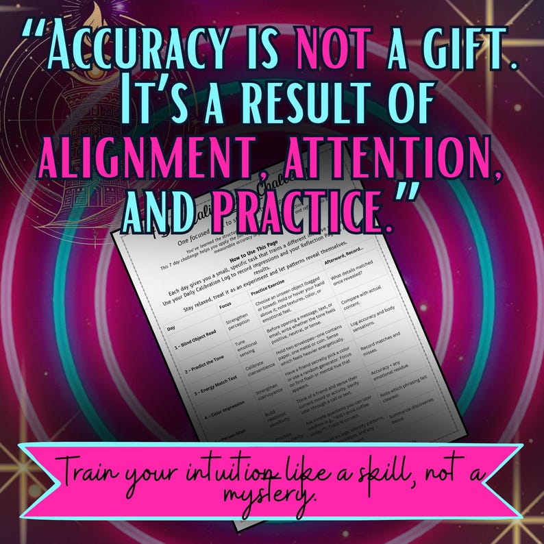 May include: A motivational graphic with text in teal and pink against a swirling, colorful background. The text reads: "Accuracy is not a gift. It's a result of alignment, attention, and practice." A smaller document is also visible.
