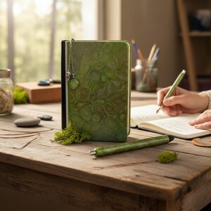 Handmade Green Fluid Art Journal Gift Set – Lined Notebook, Matching Resin Pen, and Metal Feather Bookmark with Cabochon Charm