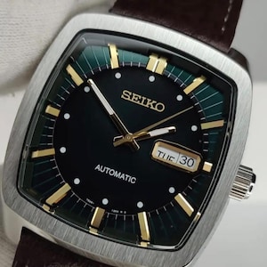 Vintage Seiko Automatic TV Dial Watch Green Sunburst (Refurbished) Men's Retro Timepiece