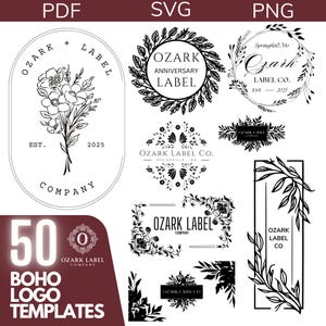 Bundel BOHO-logo 50 sjablonen - bewerkbare unieke logo-ontwerpen digitale bestanden voor hoeden, kleding, internet, social media, merchandise, lasergraveerder en meer