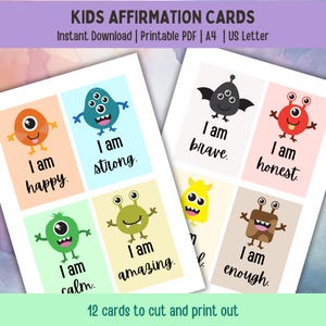 Positive Affirmation Cards For Kids, 12 Printable Affirmation Cards, Encouragement Cards, Lunch Box Cards, Kids Affirmations, Cute Monsters