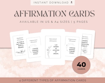 May include: A set of 40 printable affirmation cards with four different categories: Mindfulness, Empowerment, Motivational, and Abundance. Each card features a simple black and white design with a short affirmation.